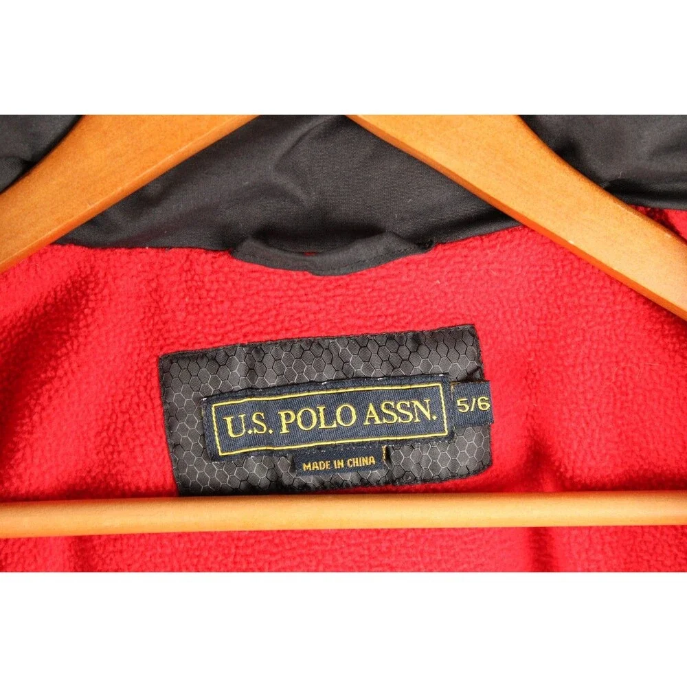 U.S. Polo Assn Puffer Jacket Black Logo Sleeve Hood Zip Pockets Lined Size 5/6